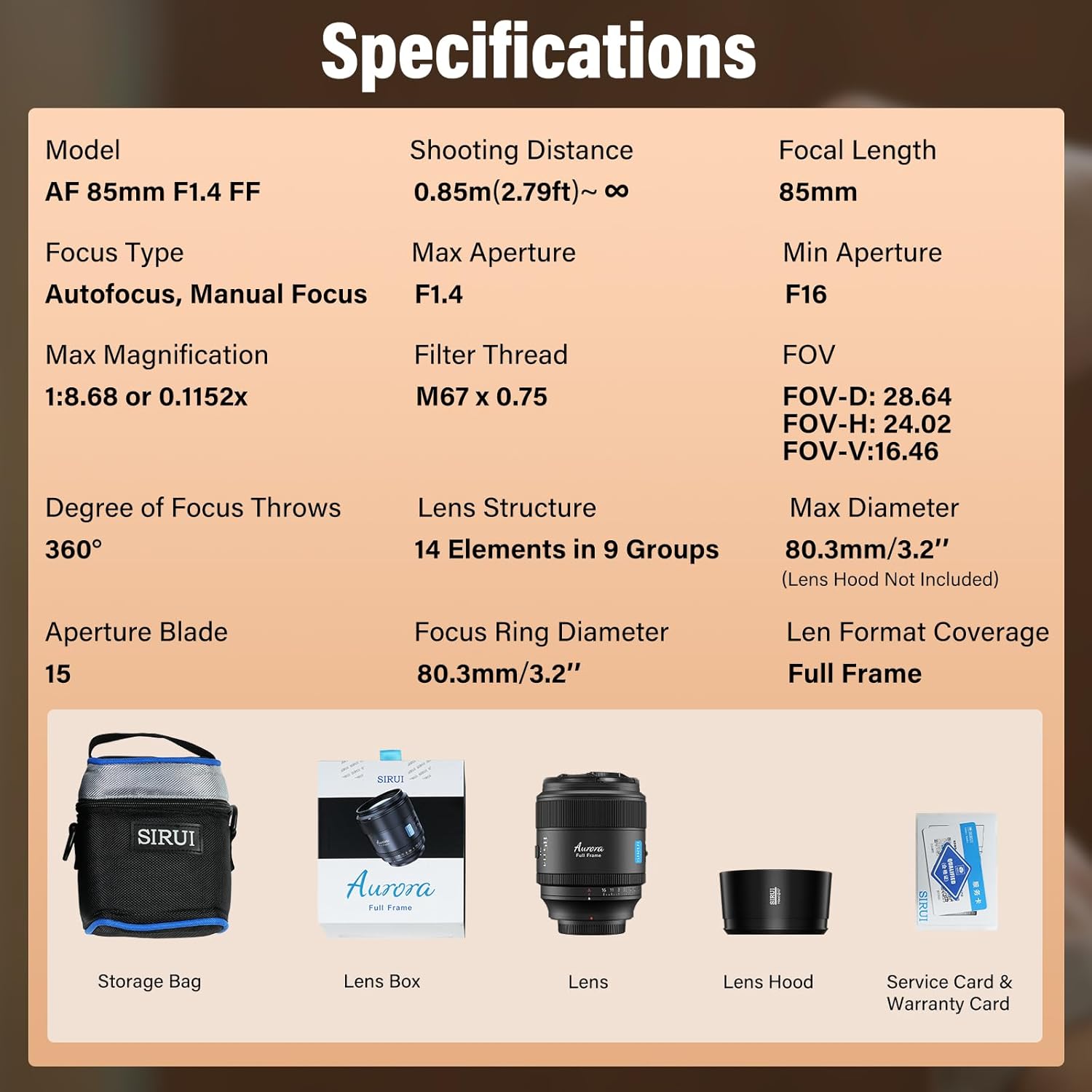 SIRUI Aurora 85mm F1.4 Full Frame Auto Focus Lens, Telephoto Prime Portrait Lens for E Mount Cameras FX3, FX6, A7 Series, A7R Series, A7S Series, A9, ZV-E1, Black - Image 10